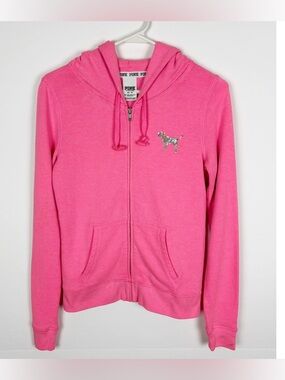 Victoria’s Secret Pink Jacket Size XS Full Zip Hoodie Sequin Bright Pink Bling